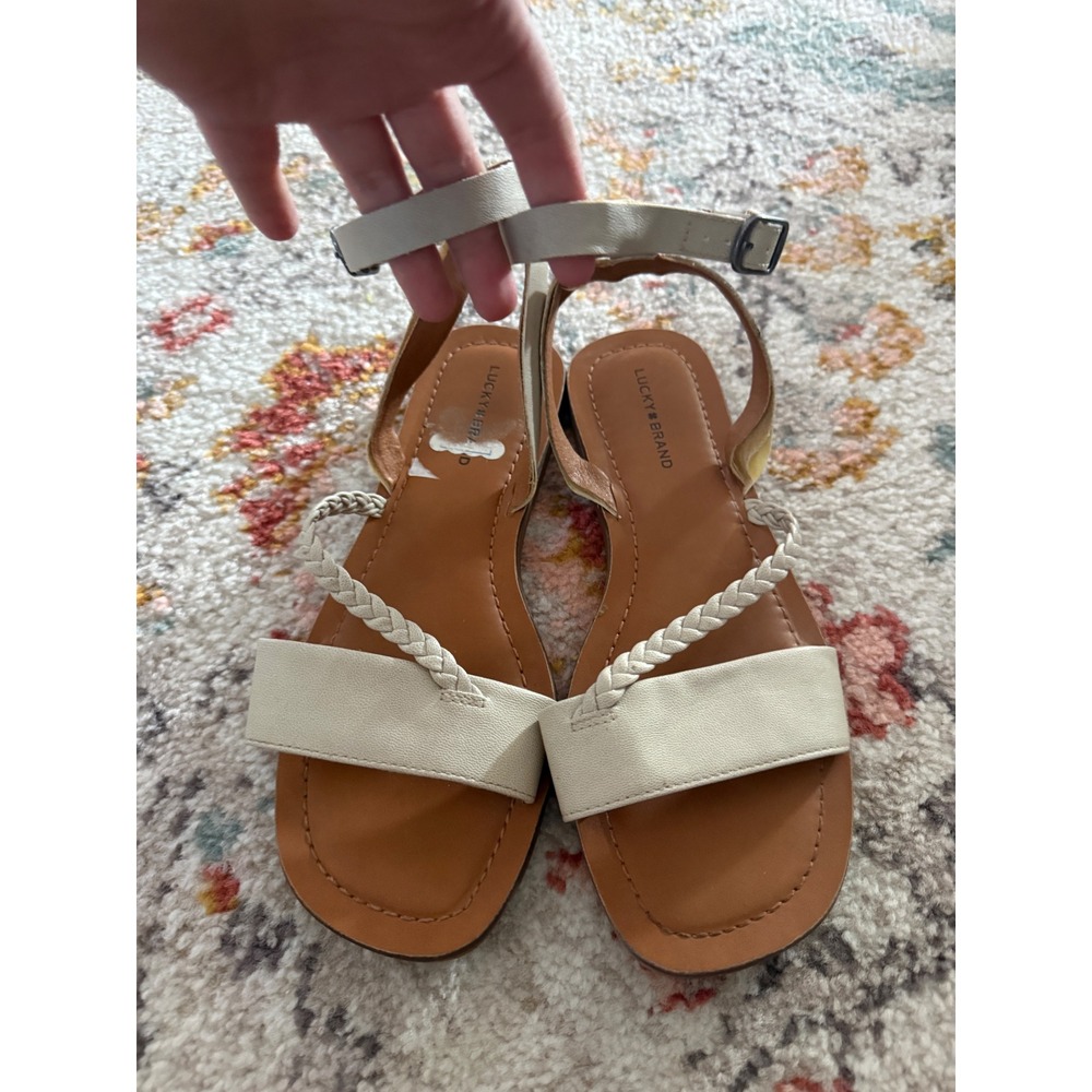 Lucky Brand Womens Cream Braided Strappy Ankle Buckle Flat Sandals Size 8.5 M